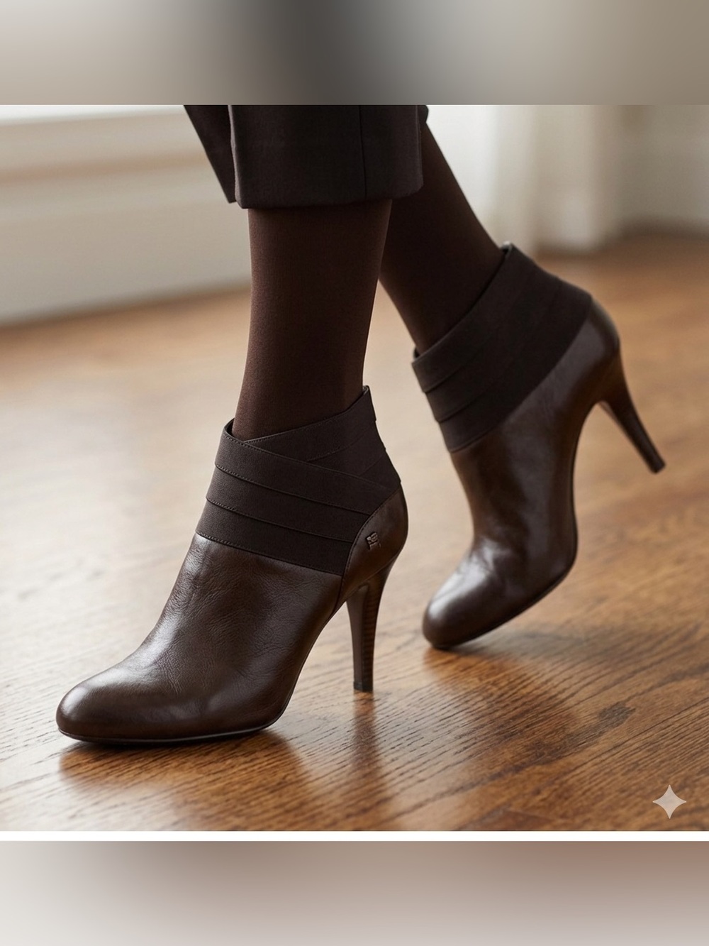 Calvin Klein Brown Leather Elastic Band Accent Ankle Boots Booties Heeled.